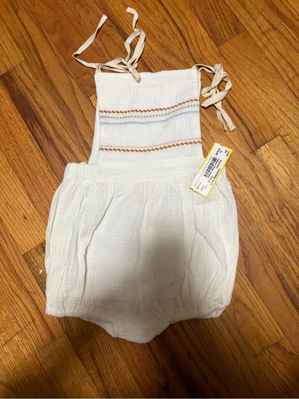 Baby Girls' Cream Gauze Romper with Embroidered Stripes